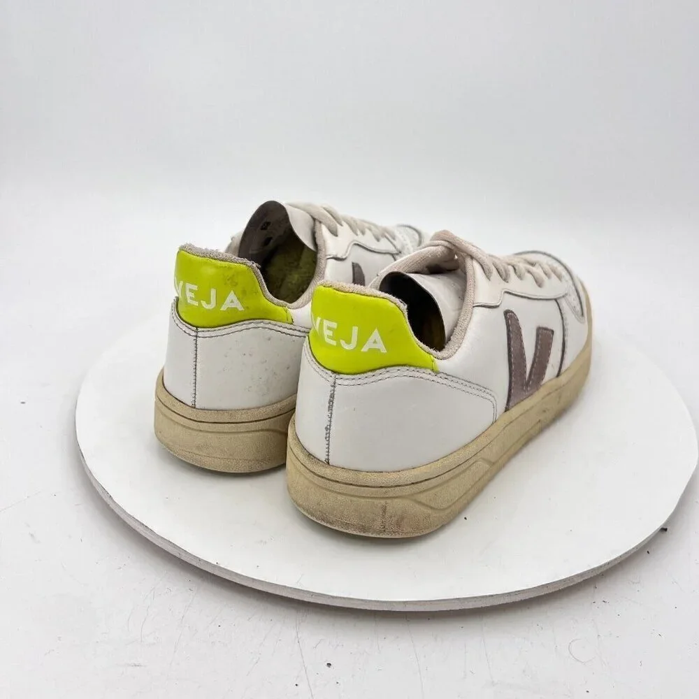 Veja V-10 Women Sz 6 White Neon Leather Brown Stitch V Logo Suede Training Shoes